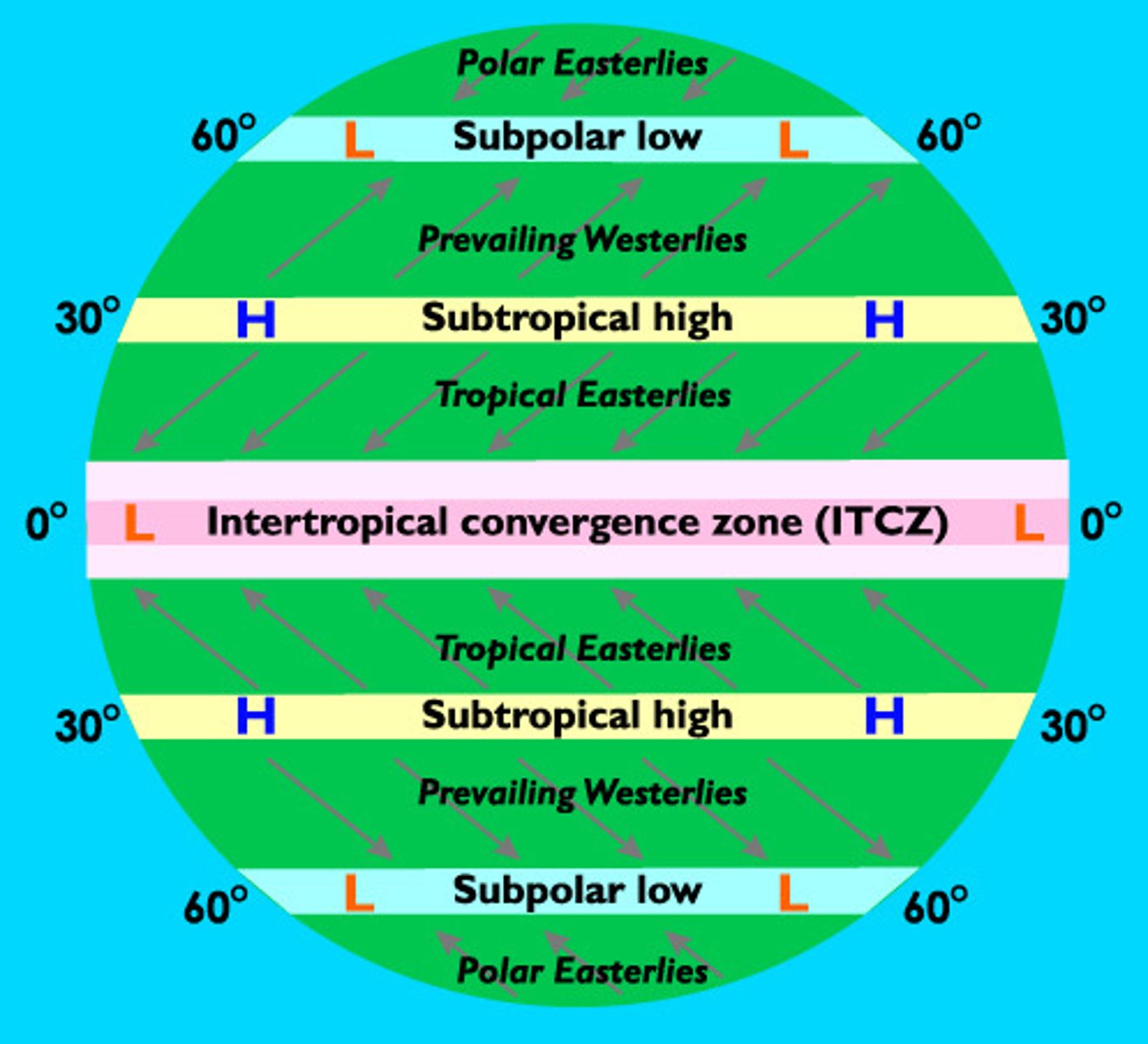 <p>separate bands of high and low pressure, found about every 30 degrees of latitude</p>