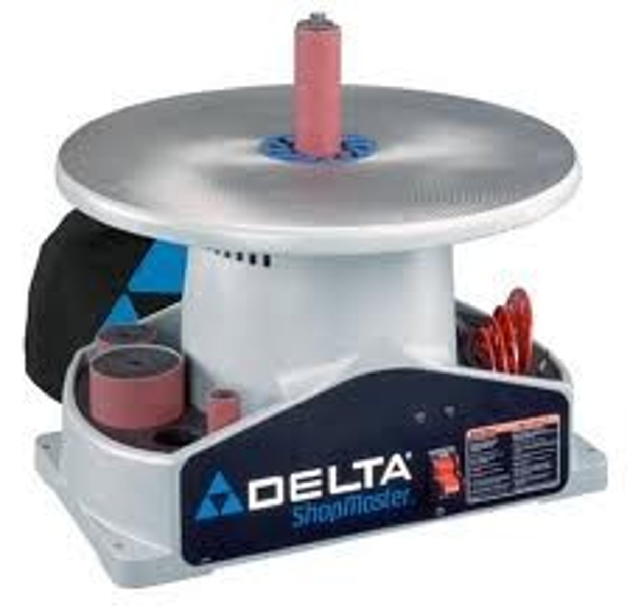 <p>sanding tool that has a spindle that can have various grits of sandpaper and various diameters, used for rough shape and fine finishing, curve-linear shaping</p>