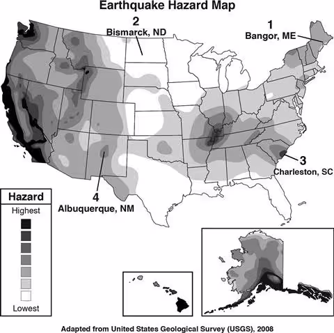 <p>The United States Geological Survey (USGS) maintains a set of earthquake hazard maps that cities and towns use for developing building codes. Based on the map, which city or town is located in an area of greatest earthquake hazard?</p>