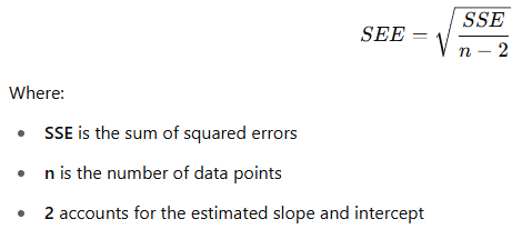 <ul><li><p>Measures the average distance between the actual y-values and the predicted y-values.</p></li><li><p>It's like a standard deviation of the residuals.</p></li><li><p>SEE gives us an <strong>absolute measure of prediction error</strong> (in units of y).</p></li><li><p>Lower SEE means the model predicts <strong>more accurately</strong>.</p><p></p></li></ul><p></p>