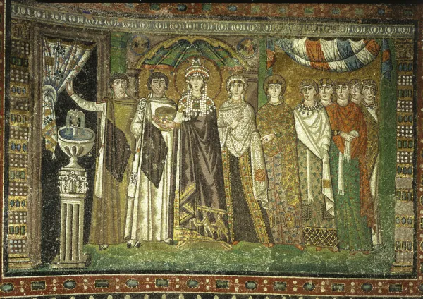 <p>Empress Theodora and her attendants from the Church of San Vitale</p>