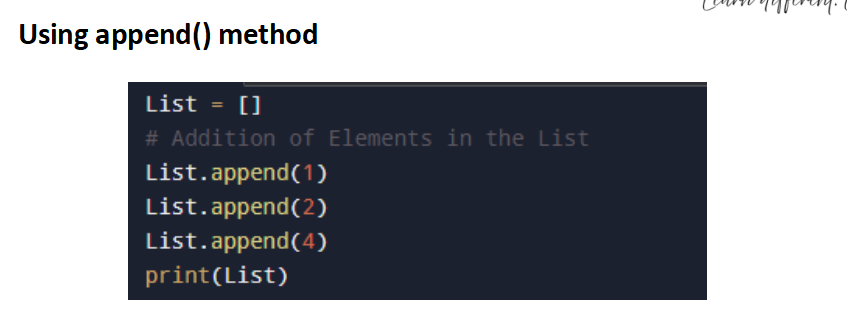 <p><span style="color: rgb(255, 84, 84);">Elements can be added to the List by using the built-in ___ function.</span> Only one element at a time can be added to the list by using the append() method, for the addition of multiple elements with the append() method, loops are used. </p><p></p>