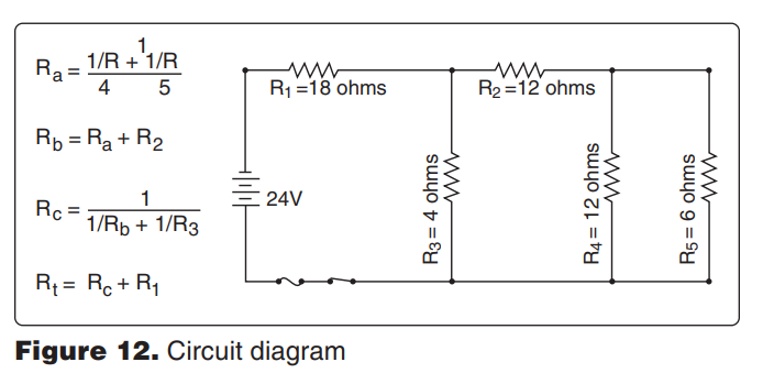 <p>8046. (Refer to Figure 12.) Find the total resistance of the circuit. </p><p>A—16 ohms. </p><p>B—2.6 ohms. </p><p>C—21.2 ohms</p>