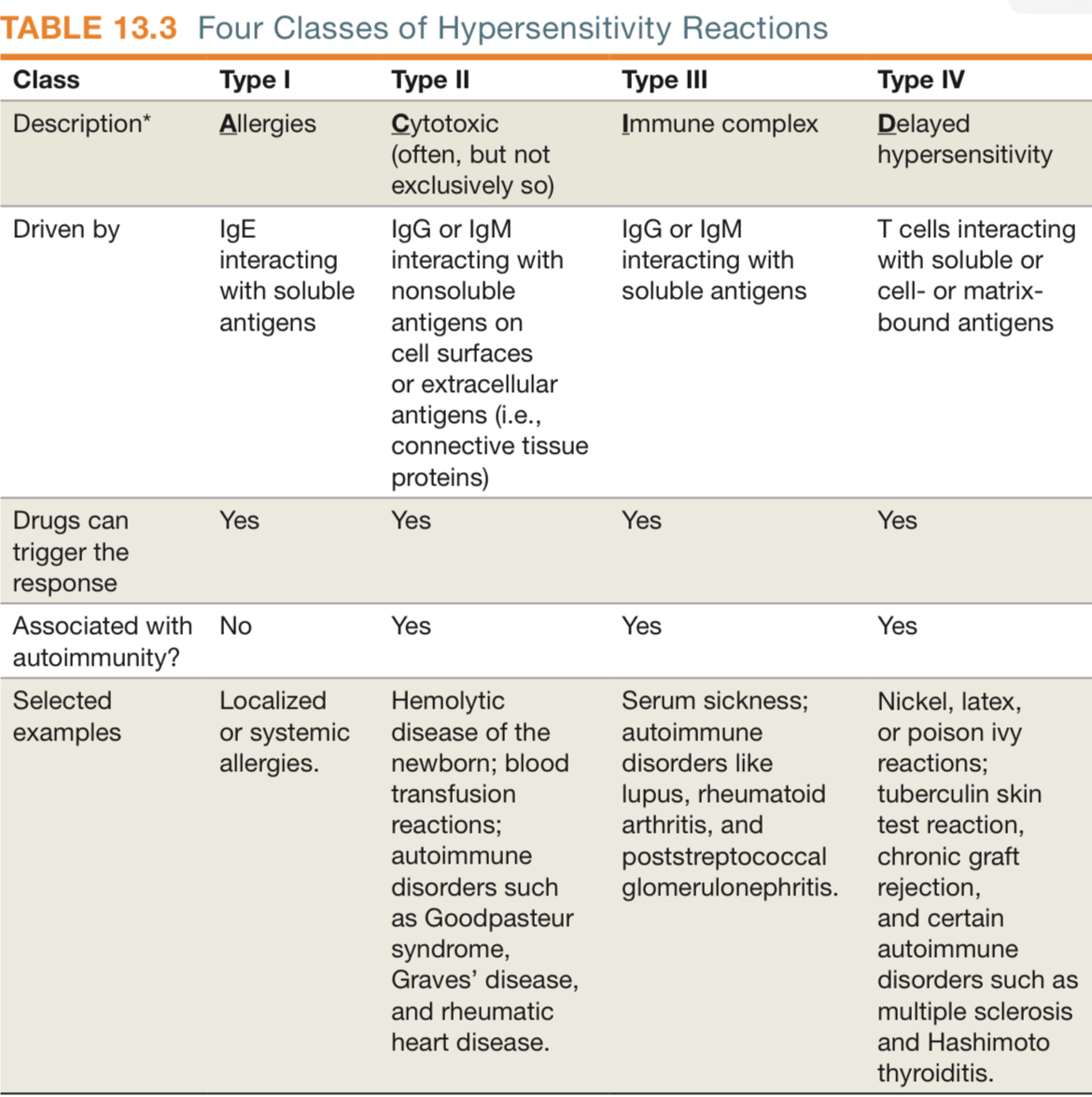 <p>Hypersensitivities are caused by an exaggeration of the host immune response to an antigen. It sees an antigen as an allergen. Type 1 to 3 are driven by antibodies, type 4 is driven by T cells.</p><ul><li><p>Type 1 Immediate - within hours, allergies, involves IgE </p></li><li><p>Type 2 Cytotoxic - Autoimmune diseases involves IgG/IgM</p></li><li><p>Immune complex - Inflammation, Involves IgG/IgM, eg Serum sickness, autoimmune</p></li><li><p>Delayed - T cell mediated. Eg. TB skin test reaction for example. </p></li></ul>