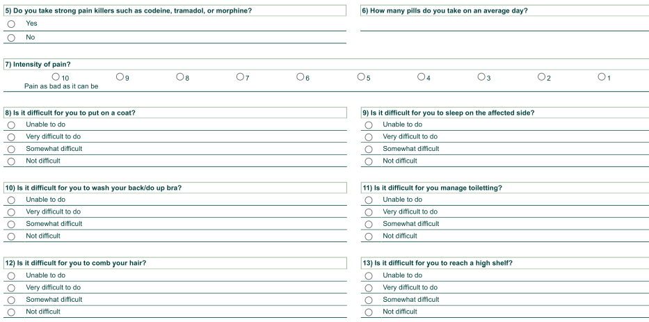 <ul><li><p>11 items <span style="color: red;"><span>(1 pain, 10 function)</span></span></p></li><li><p><5 mins</p></li><li><p><strong><u>NPRS for pain & 4 pt scale (Likert) for ADLs</u></strong></p></li><li><p><span style="color: red;"><span>0-100 (worst → best)</span></span></p></li><li><p><span style="color: red;"><span>MDC: 9.4 / MCID: 6.4</span></span></p></li></ul><p></p>