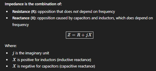 <p>impedance (symbol Z) = total opposition that a component presents to an alternating current (AC) and therefore includes both resistance (R) and reactance (X)</p>