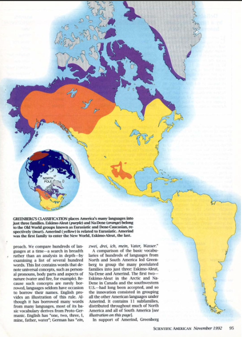 <p>Only three language families, implying three waves of immigration from Asia, in the following order. Unfortunately sneaks into idea of a pan-Indigneous culture</p><ol><li><p>Amerind (yellow)</p></li><li><p>Na-Dene (orange)</p></li><li><p>Inuit-Yupik-Unangan (purple)</p></li></ol><p></p>