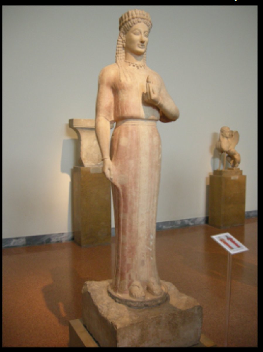 <p>a. Date: 550 BCE</p><p>b. Material: Marble</p><p>c. Height: 179 cm</p><p>d. Location: National Archaeological Museum, Athens</p>