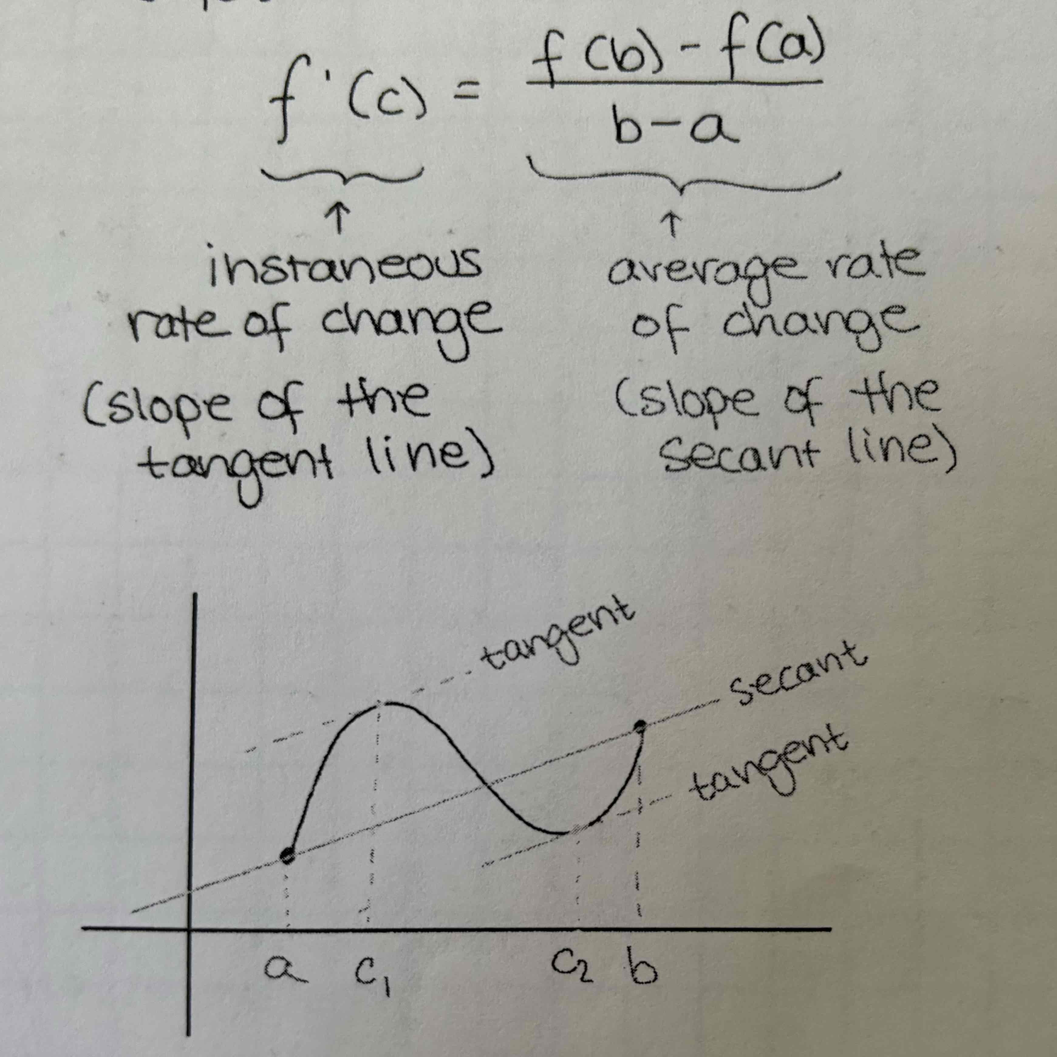 <p>If f is continuous on the closed interval [a,b] and differentiable on the open interval (a,b), then there exists a value c in (a,b) such that…</p>