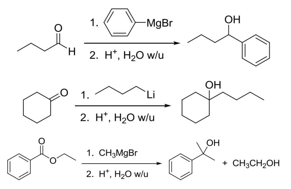 <p>R-MgBr (Gringard Reagent)</p><ul><li><p>most common</p></li></ul><p>R-Li (organolithium reagent)</p><ul><li><p>super reactive</p></li></ul><p>R2CuLi (organocuprates)</p><p>All three add similarly to aldehydes and ketones while esters will add two equivalents</p><p></p>