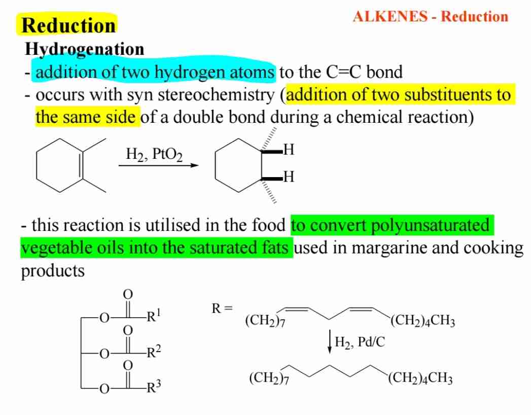 <p>A:Hydrogenation is the addition of hydrogen across the C=C bond, converting alkenes into alkanes, often used in food processing.</p>