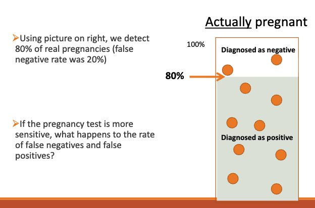 <p>If the pregnancy test is more sensitive, what happens to the rate of false negatives and false positives?</p>