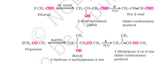 <ul><li><p>Aldehydes/ketones with α-H atom undergo reduction in the <strong>presence of dilute alkali as catalyst</strong> to form aldols/ketols </p></li><li><p>Name comes from the two functional groups :  aldehyde/ketone + alcohol</p></li><li><p>Aldols readily <strong>lose water to α, β unsaturated carbonyl compounds </strong>(aldol condensation products) </p></li><li><p>Formaldehyde, benzaldehyde, benzophenone do not undergo aldol condensation due to absence of α-H</p></li></ul>