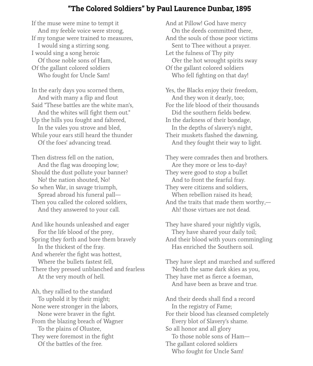 <p>#57 “The Colored Soldiers” by Paul Laurence Dunbar, 1895</p>