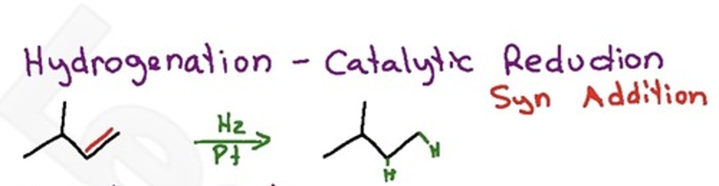 <p>-syn-addition</p><p>-H2 + Metal catalyst (Pd, Pt)</p><p>-Needs metal catalyst as surface for H-bonding + for reaction with alkene.</p>