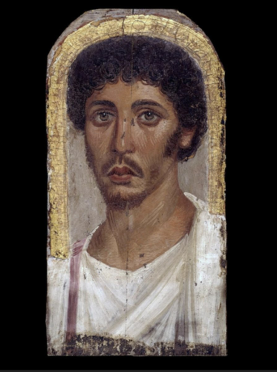 <p>- New trend for burials that appeared after the Ptolemaic period</p><p>- Fusion of roman and Egyptian culture</p><p>- Hyper realistic portraits almost always in ¾ view</p><p>- Suspected to be made after the person died</p><p>- Clothing and style reflect Greek and Roman style despite Egyptian burial style</p><p>- Similar yet different approach to mummification</p>