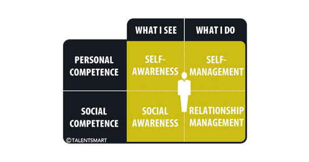 <p>Divided along personal/social competence and awareness/management:</p><p>1.) Self Awareness</p><p>2.) Social Awareness</p><p>3.) Self Management</p><p>4.) Relationship Management</p>