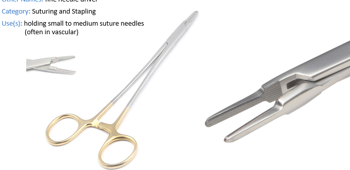 <p>Cat: suturing and stapling</p><p>Use: holding small to medium suture needle</p>