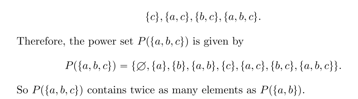 <p>Power sets include subsets like the extreme empty, elements in the set, and entire set. </p><p></p>