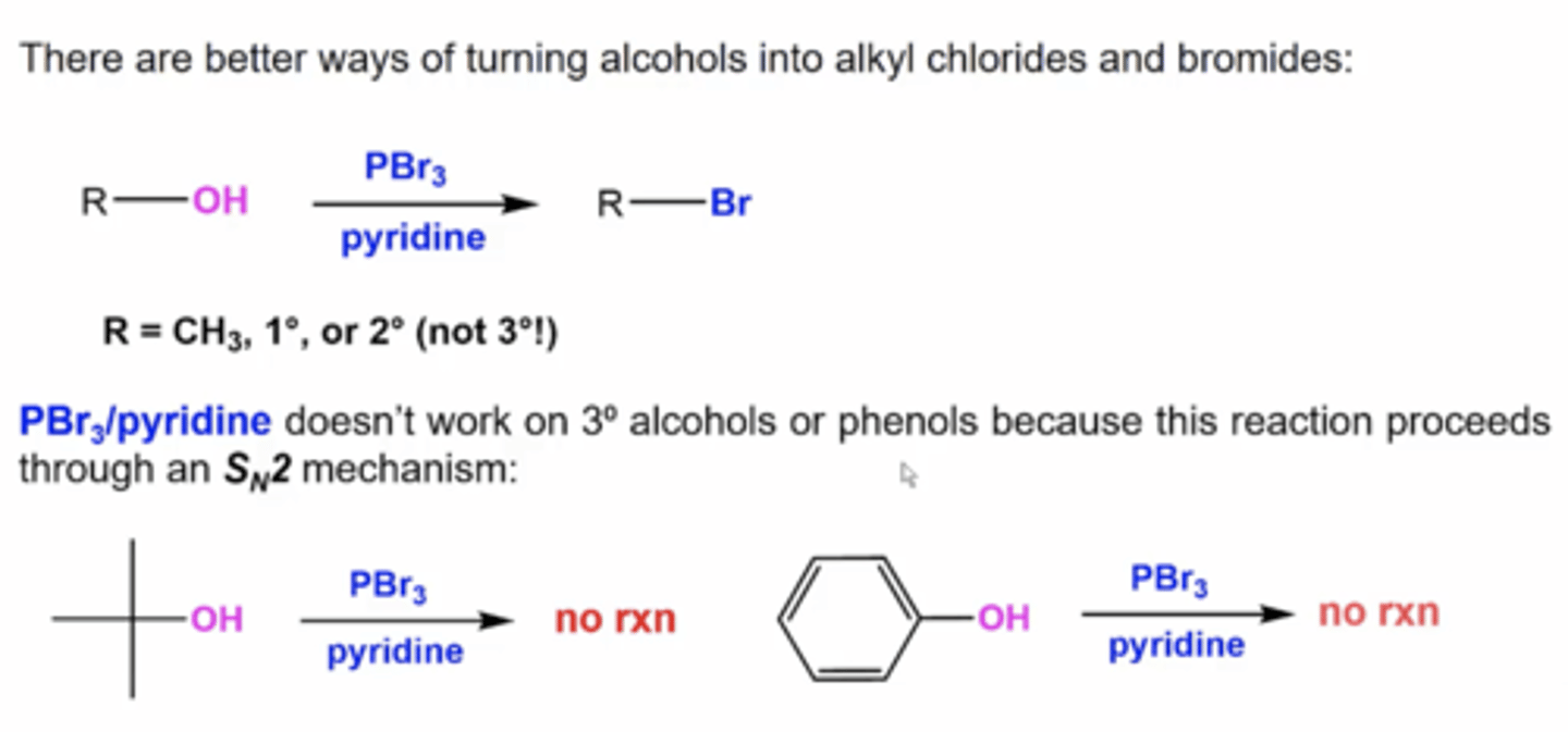 <p>you replace the OH with Br</p><p>this only works with alcohols bonded to methyl carbons, primary carbons, or secondary carbons because this happens via Sn2</p>