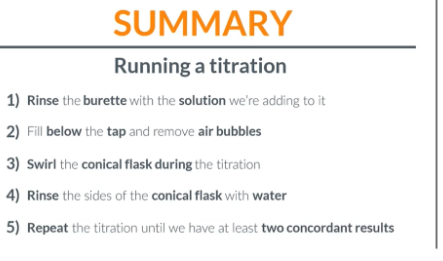 <ol><li><p><span>Set up our titration apparatus. Clamp the burette into a stand.with a funnel add the sodium hydrogen sulfate solution (NaHSO4) to the biuret&nbsp;</span></p></li><li><p><span>Use a pipette and add 25cm of NaOH to a conical flask</span></p></li><li><p><span>Add a few drops of phenolphthalein indicator the conical flask&nbsp;</span></p></li><li><p><span>When the NaOH/sodium hydroxide is neutralised it will go form pink to colourless</span></p></li><li><p><span>Run a rough titration</span></p></li><li><p><span>Add the acid dropwise and record the final reading when the acid changes colour. Calculate the tire&nbsp;</span></p></li><li><p><span>Repeat this titration as many times as is required til we get 2 titre value (0.1cm3 apart). This is concordant values&nbsp;</span></p></li><li><p><span>Use the mean concordant titres to calculate the concentration of sodium hydroxide. </span></p><p></p></li></ol><p></p>