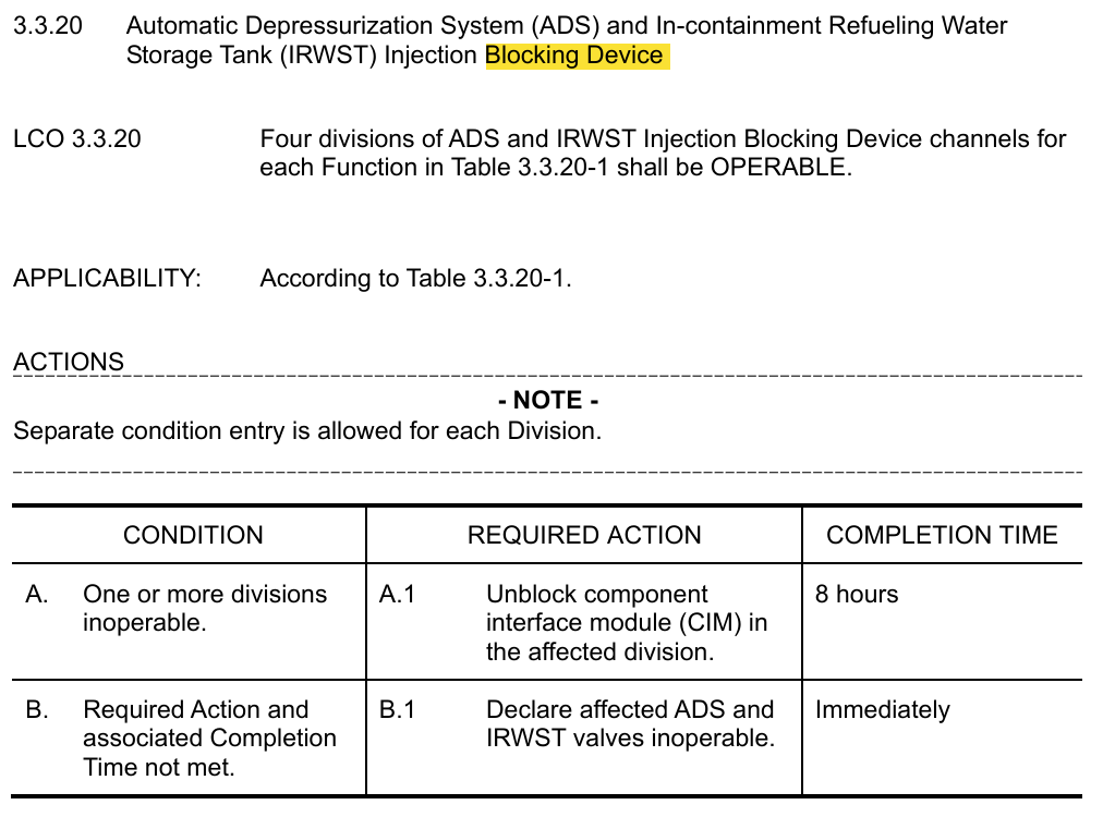 <p>3.3.20 ADS and IRWST Injection Blocking Device</p>