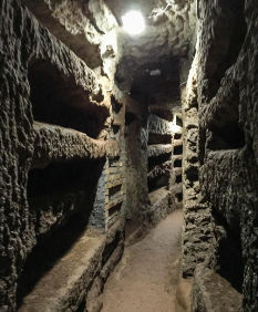 <ul><li><p><span>The earliest Christian imagery can be found in Roman </span><strong><span>catacombs</span></strong><span>. In the catacombs, Christians could meet secretively, give funerary rites, or hide from persecution.</span></p></li><li><p><span>These catacombs were a series of passageways and small burial chambers that ran underneath the city of Rome.</span></p></li><li><p><span>The horizontal shelves for burial are referred to as loculi </span></p></li><li><p><span>Wealthier people would have larger areas that would accommodate a sarcophagus - ancient coffins </span></p></li></ul>