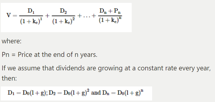 <p>In order to estimate the intrinsic value of the stock, we first estimate the dividends that will be received every year that the stock is held and the price that the stock will sell for at the end of the holding period. Then we simply discount these expected cash flows at the cost of equity (required return).</p>