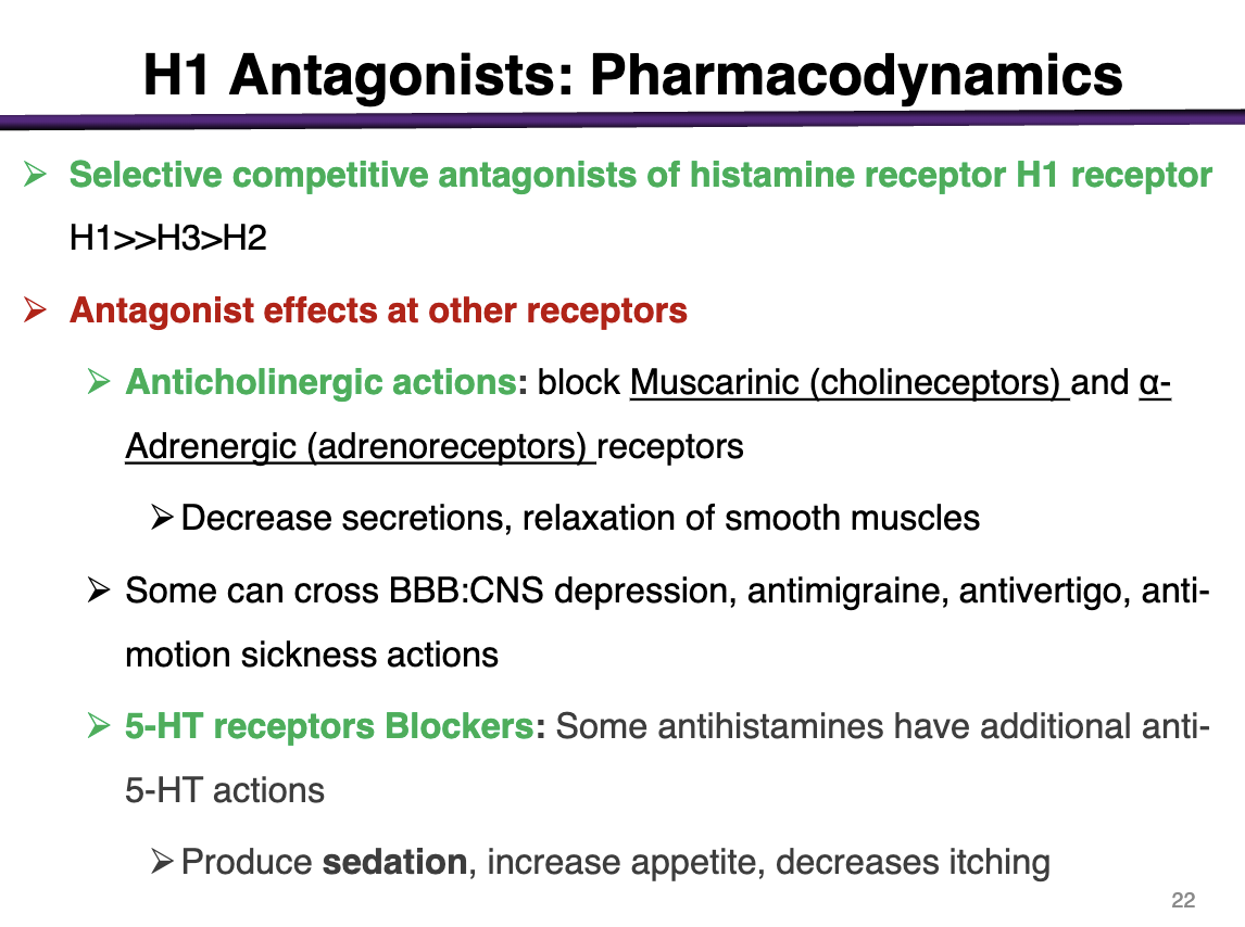 <p>H1&gt; &gt; H3&gt; H2 </p><p></p><p>at a low dose of h1 antagonist, the drug will bind to H1 receptors </p><p>At a higher concentration, the drug will bind to h3 (brain) and H2 (GI) </p>