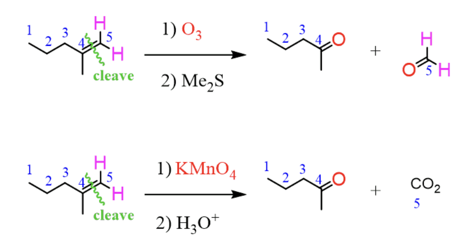 <p>Ozonolysis of alkenes produces a ketone and aldehyde with O3 and Me2S</p><p>and with KMnO4 and H3O+ in produces CO2</p>