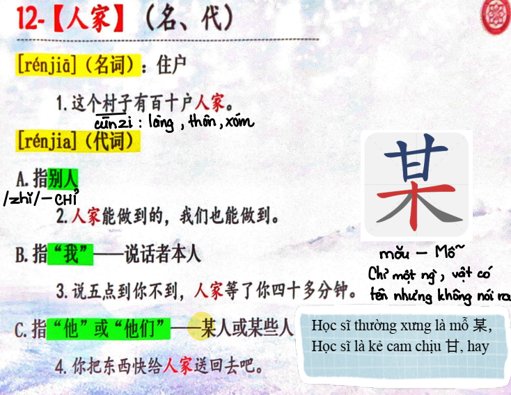 <p>【rén jiā】 - nhân gia</p><p>Danh  từ: Chỉ gia đình/hộ gia đình</p><p>Đại từ:</p><p><strong>1, người khác</strong></p><p><strong>2, tôi (tỏ ý thân mật và vui đùa)</strong></p><p><strong>3, người ta (chỉ người nào đó)</strong></p>
