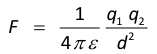 <ul><li><p>F = force</p></li><li><p>q₁,q₂ = magnitude of charges</p></li><li><p>d = distance</p></li><li><p>ε = permittivity</p></li></ul><p></p>