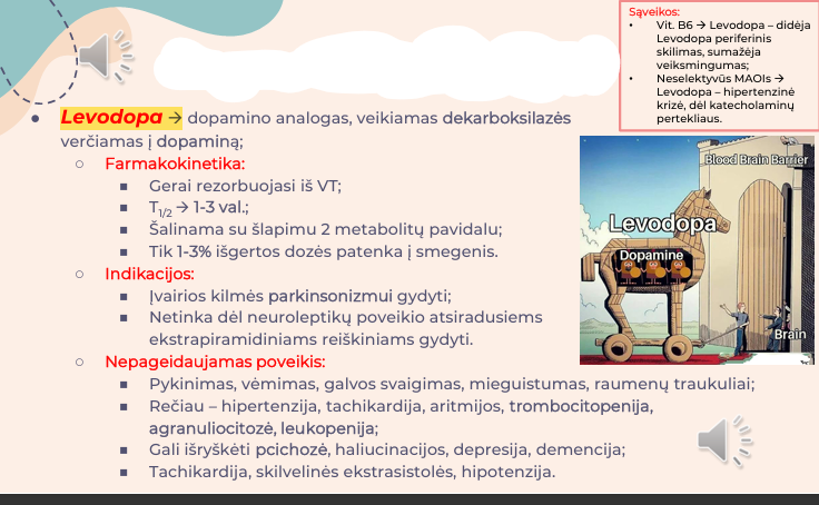 <p><strong>Levodopa; Levodopa+Karbidopa; Levadopa+Entakaponas; Levadopa+ Entakaponas+Karbidopa</strong>; Evodopa+Benserazidas.</p>