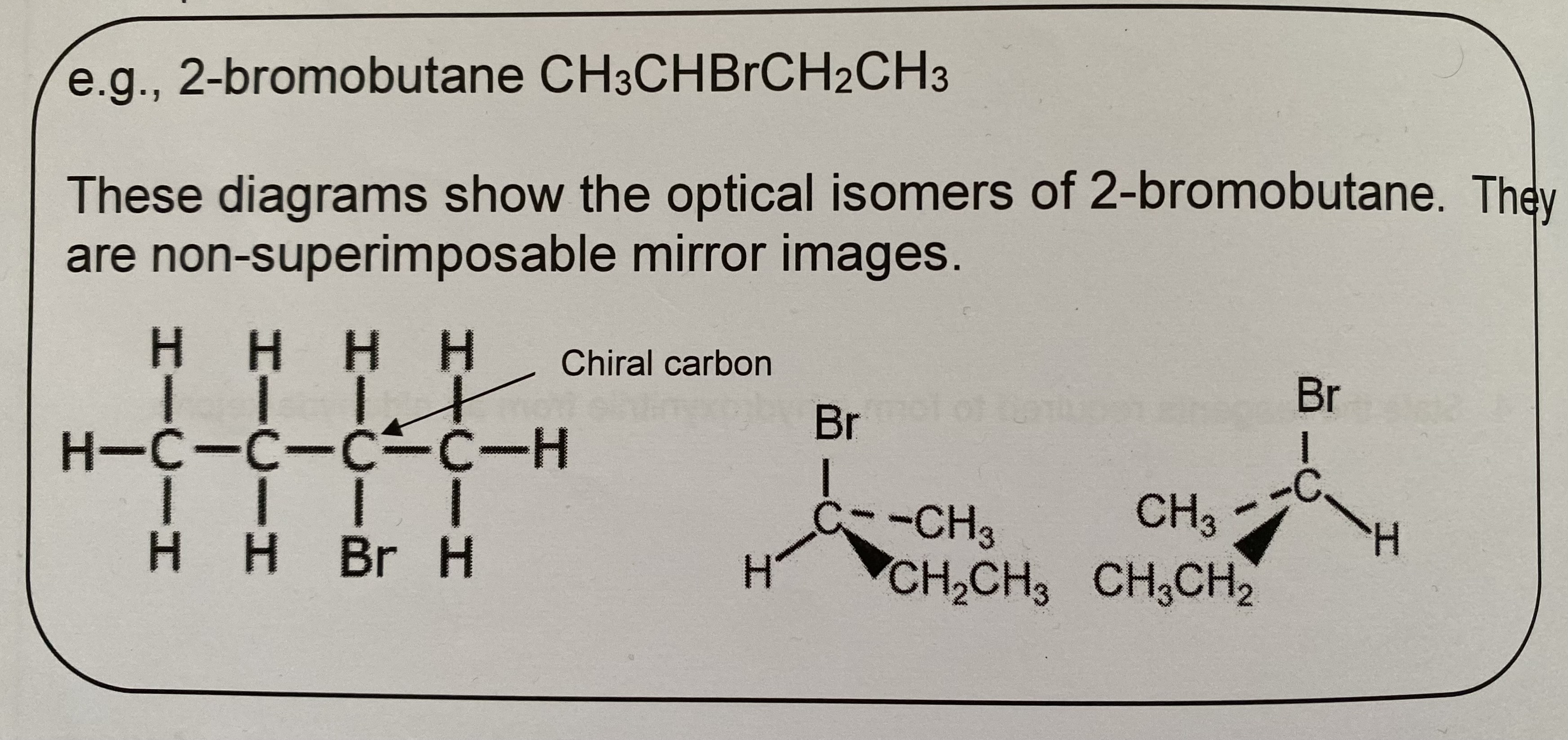 <p>as non-superimposable over its mirror image → this means it cannot be placed on top of its mirror image as they are different </p>