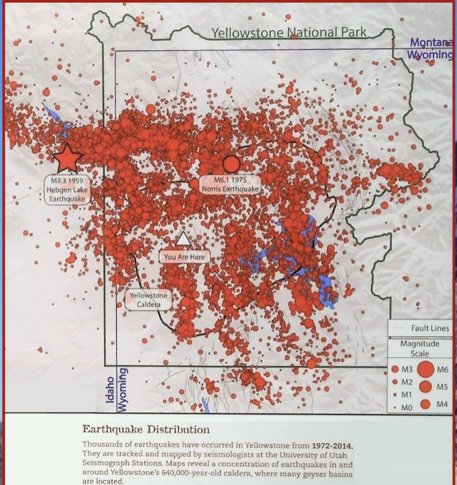 Earthquakes in the park are monitored continuously.

\
A super eruption could last for weeks and spread ash over half of the U.S.  Ash fall would be over 1000 times that released by Mt. St. Helens.

\
Millions of people would die from ash suffocation and the U.S economy and agriculture would be destroyed. 