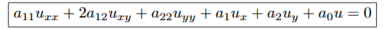 <p>For a PDE in the form shown in the image, what condition must apply for the equation to be Parabolic? What is it reducible too?</p>