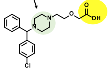 <p><span style="color: rgb(255, 0, 0)"><strong>Second generation H1 receptor antihistamine</strong></span></p><p><span style="color: rgb(255, 0, 0)"><strong>“Nonsedating”</strong></span></p><p><span style="color: rgb(255, 0, 0)"><strong>Oxidative Metabolized from Hydroxyzine (OH group attacked) and Cyclizine</strong></span></p><p><span style="color: rgb(255, 0, 0)"><strong>No cardiotoxicity </strong></span></p>