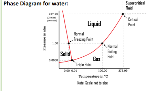 <p>WATER IS UNIQUE</p><p>negative slope for the solid-liquid line which indicates solid water is less dense than liquid water</p>