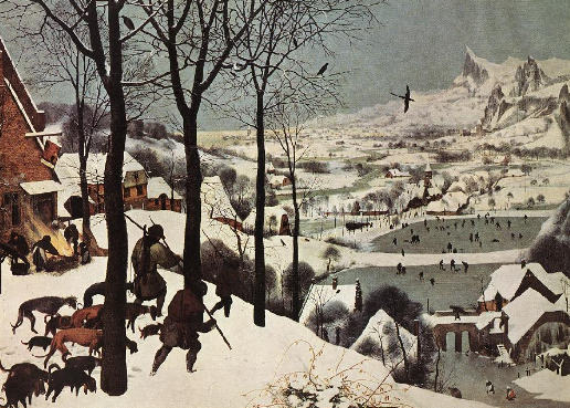 <p>Shows the difficulty of survival for peasants hunting in the snow. Even though the experience is cold, the warmth of the community is shown. Peasants are nameless/ faceless, they put in the worth without getting the glory, but that doesn't take away from the importance of their community.</p>