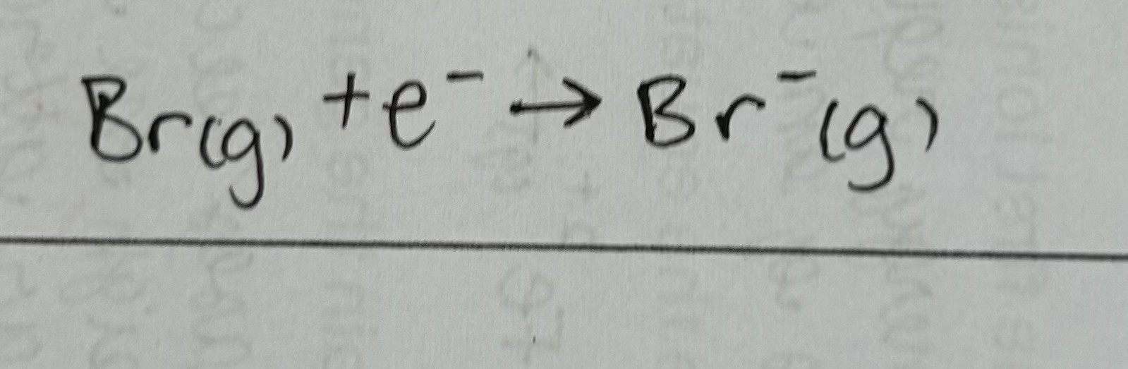 <p>enthalpy change when 1 electron is added to each atom in 1 mole of gaseous atoms to form 1 mole of gaseous 1- ions</p>