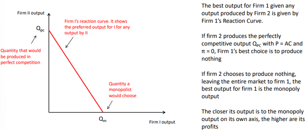 <ul><li><p>The best response of a player is described as a reaction function</p></li><li><p>If firms maximise profits, the best response is the response that yields the highest profit</p></li></ul><p></p>