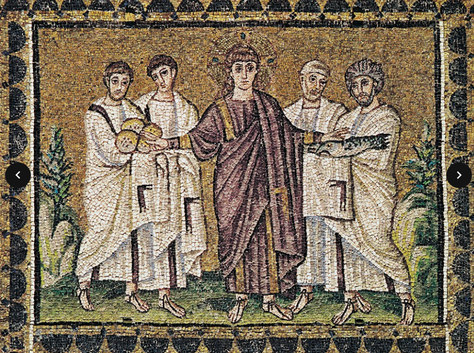 <p>bazilica saint apollonare nuovo- mozaic cu miracolul inmultirii painii si pestilor</p>