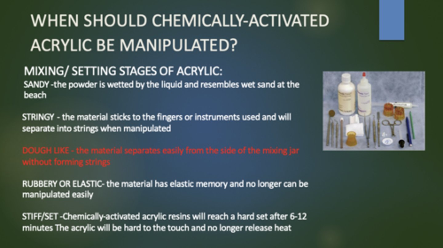 <p>Custom Crown &amp; Bridge Provisional Material Options:</p><p>5 stages that happen while mixing Jet Acrylic (PMMA)</p><p>- Mixing/setting stages of Acrylic</p><p>- review from other Q</p>