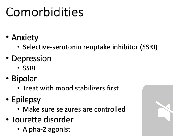 <p>Comorbidities of ADHD</p><ul><li><p><span><strong>[...]</strong></span>&nbsp;<br></p><ul><li><p>Alpha-2 agonist</p></li></ul></li></ul><p></p>