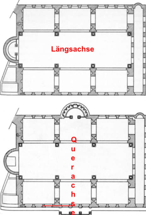 <p>in Rom</p><p>(<em>basilika domus</em> = Königshalle), <br>erbaut von Ks. Maxentius (amt. 306-312)</p><p>Umbau unter Kaiser Konstantin nach 312 (Schlacht an der milvischen Brücke)</p><p>neuer Bautypus <strong>anstatt Säulenhalle</strong> (nach Vorbild der Thermen) <strong>Kreuzgratwölbung im Mittelschiff statt Balkendecke</strong>, Thermenfenster</p><p></p><p>Bild: Maxentiusbasilika nach dem Umbau unter Kaiser Konstantin (nach 312)<br>mit Quererschließung und zweiter Apsis</p>