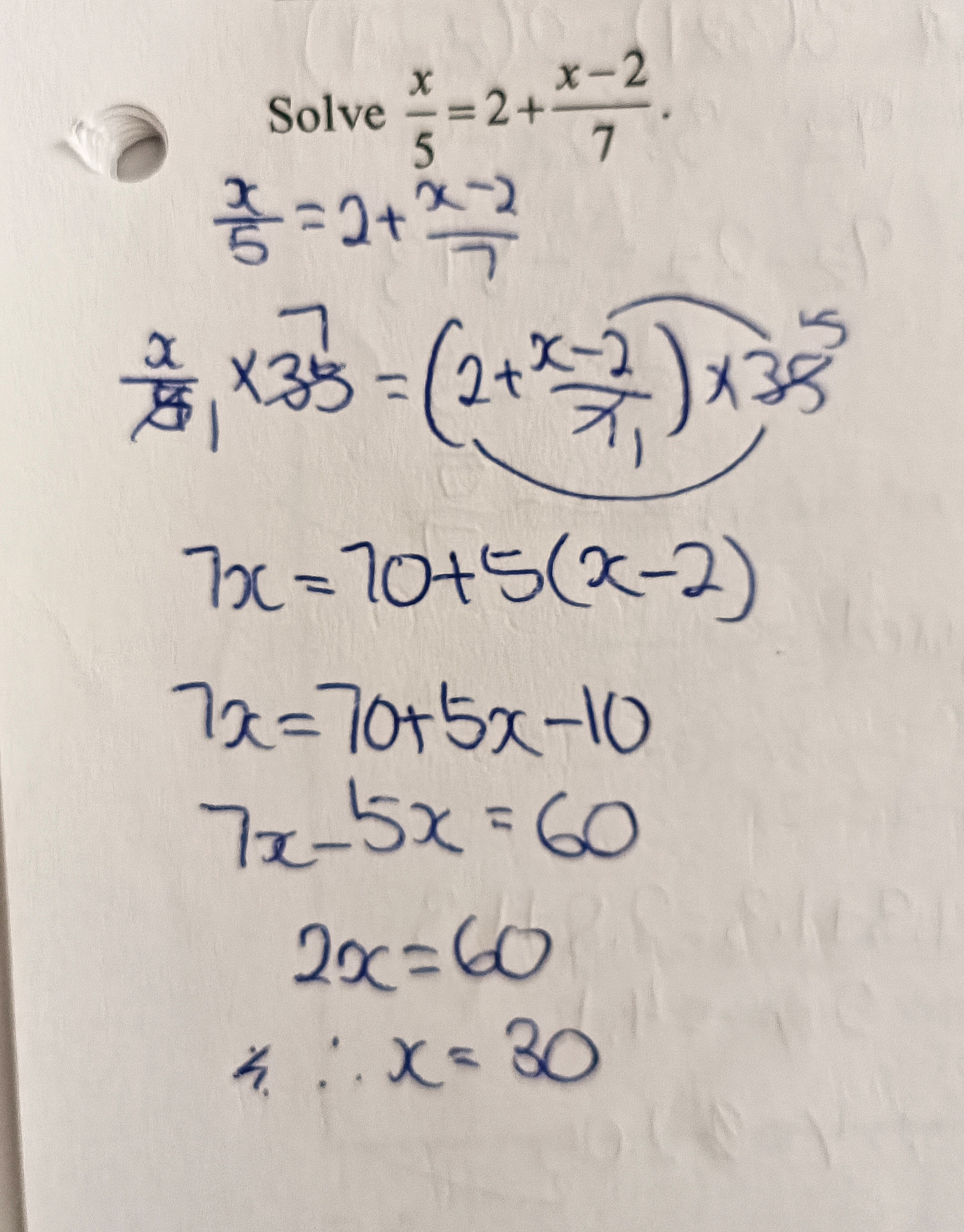 <p>group 'like' terms together. identify the LCM of the denominator. multiply both sides of the equation by the LCM. this will removed all the denominators in a equation while keeping the equation balanced.</p>