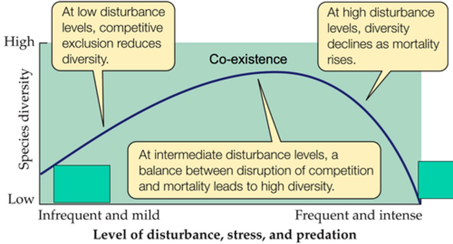<p>the hypothesis that ecosystems experiencing intermediate levels of disturbance will favor a higher level of diversity than those with high or low disturbance levels</p>