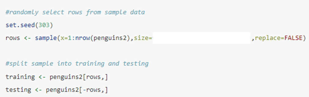 <p>The code below is designed to split a data frame called <span>penguins2</span> into training and testing sets. The data frame consists of 1,000 rows and 10 columns. Imagine we only want to use 20% of the data for testing. Which of the options is appropriate to fill in the blank after <span>size=</span>?</p><p></p><p>floor(0.20*nrow(penguins2))</p><p>800</p><p>floor(0.75*nrow(penguins2))</p><p>250</p>