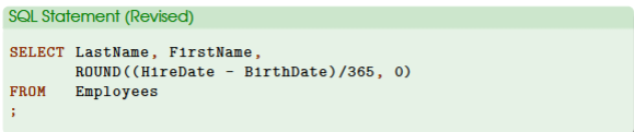 <ul><li><p>used to eliminate decimals</p></li><li><p>an additional step of calculation</p><ul><li><p>n: number to round</p></li><li><p>p: precision (number of decimals)</p></li></ul></li><li><p>example: SELECT LastName, FirstName, ROUND(HireDate - BirthDate)/365, 0)</p><ul><li><p>n: the number we want to round which is (HireDate - BirthDate/365)</p></li><li><p>p: how many decimal places we want to keep, which in this case is 0</p></li></ul></li><li><p>commas are needed in the formula </p></li></ul><p></p>