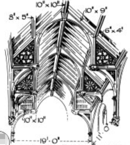 <p>Roof structure where short horizontal beams are supported by curved braces, creating an open space below without the need for vertical supports.</p>